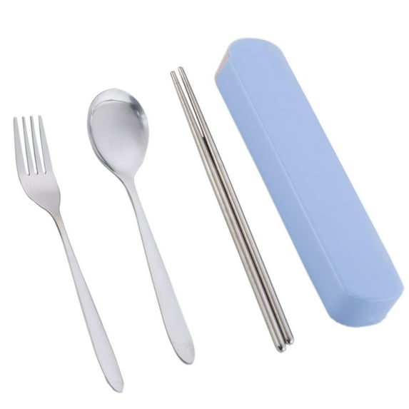 Stainless Steel Flatware Set for School, Travel and Outdoor, Portable 3 Piece Set Reusable Chopsticks, Fork, Spoonblue