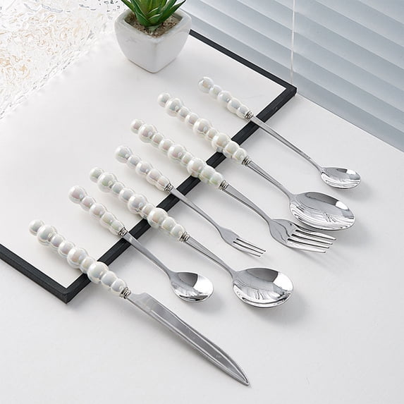 Stainless Steel Flatware Set with Pearl Ceramic Handles - 20 Piece Western Style Knife, Fork, Spoon & Utensil Set for Dining