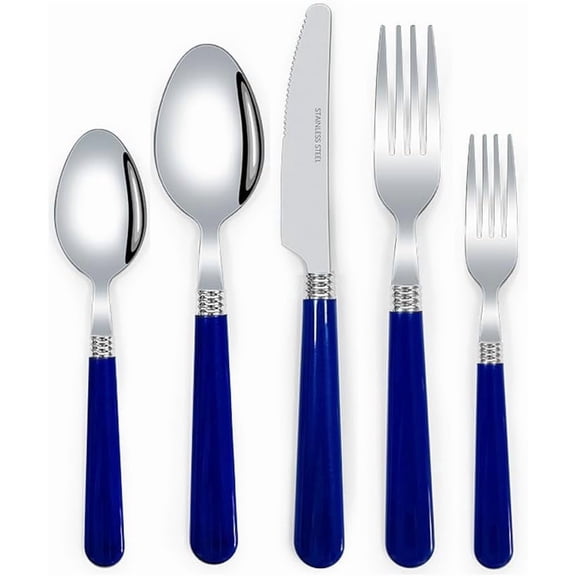 Stainless Steel Flatware Set with Thickened Plastic Handles, Silverware Including Steak Knife, Fork, Spoon and Teaspoon for Daily Kitchen Use