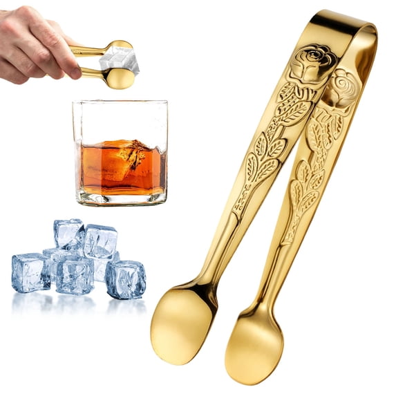 Stainless Steel Flatware Sugar Tongs – 4.13 Inch Small Kitchen Tongs with Rose Embossed (Gold)