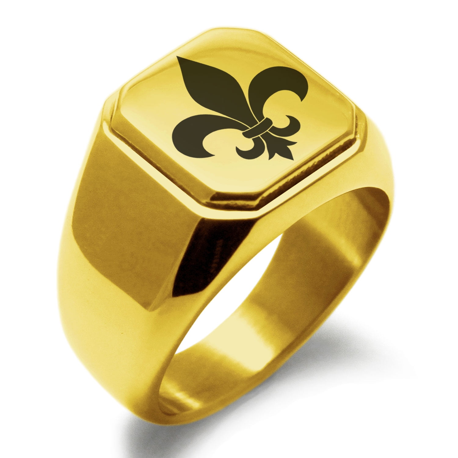 Stainless Steel Fleur De Lis Engraved Square Flat Top Biker Style 