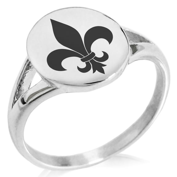 Stainless Steel Fleur De Lis Minimalist Oval Top Polished Statement Signet Ring