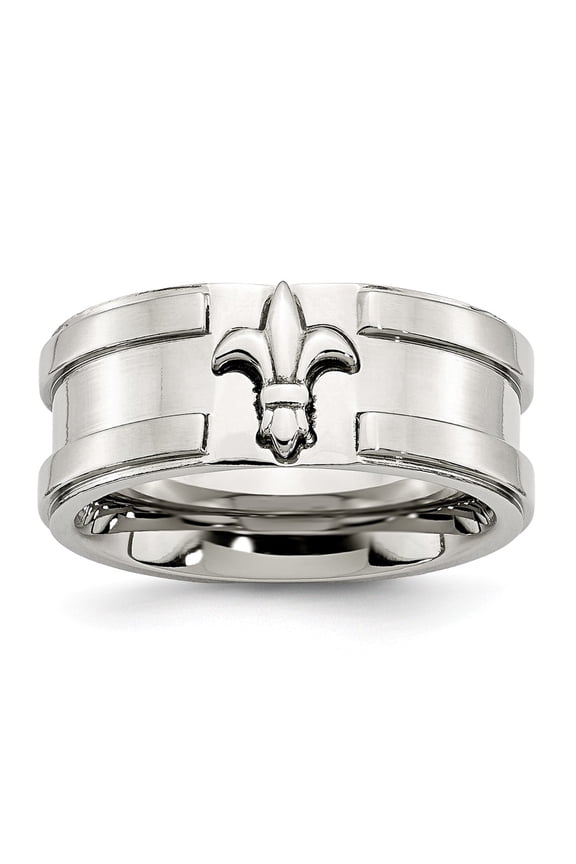 Stainless Steel Fleur de lis 10mm Brushed & Polished Band Size: 8; for Adults and Teens; for Women and Men