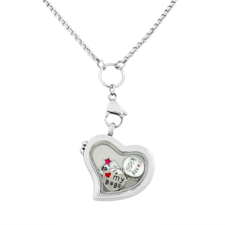 Stainless Steel Floating Charms Love Heart Glass Locket Pendant