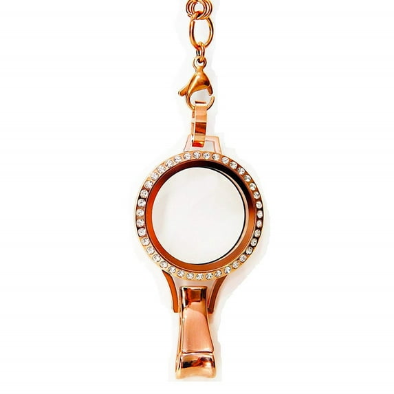 Stainless Steel Floating Locket Lanyard with Badge Holder Included Chain (Rose Gold Rhinestone | Stainless Steel - Twist)