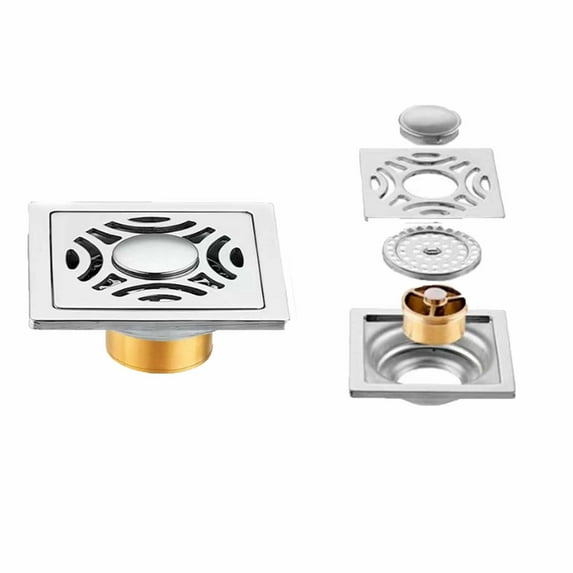 Stainless Steel Floor Drain, 4x4 Inch Self-Sealing Shower Grate, Odor Proof Bathroom Kitchen Laundry Room Drain Cover for Indoor Outdoor Use