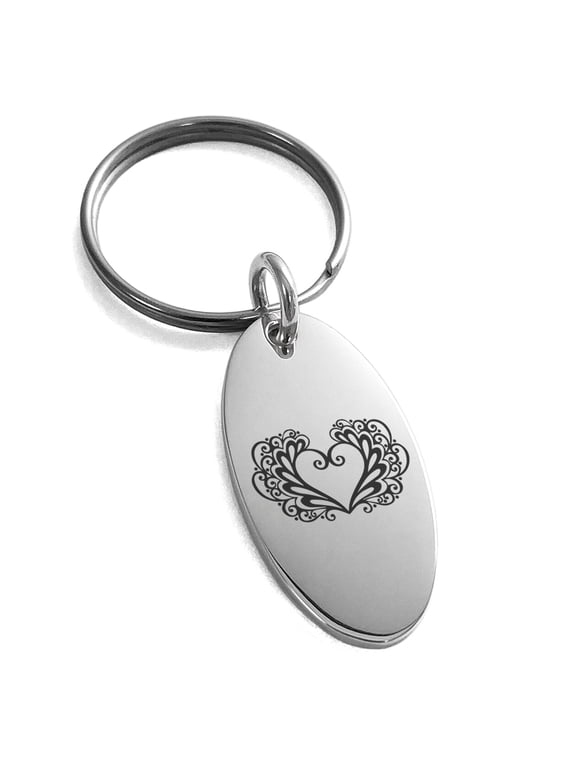 Stainless Steel Floral Filigree Heart Engraved Small Oval Charm Keychain Keyring