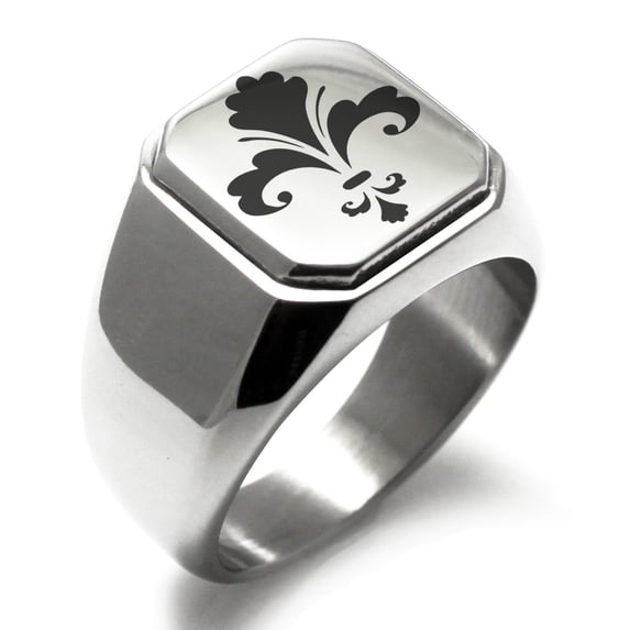 Tioneer Stainless Steel Floral Fleur De Lis Engraved Square Flat Top Biker Style Polished Signet Ring