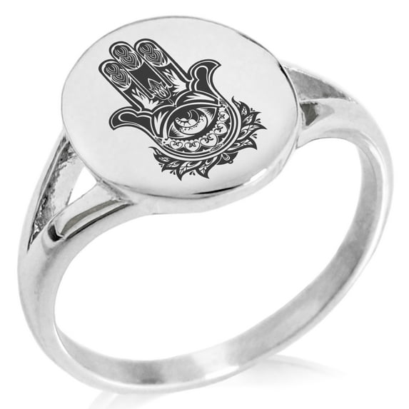 Stainless Steel Floral Hamsa Hand of Fatima Minimalist Oval Top Polished Statement Signet Ring