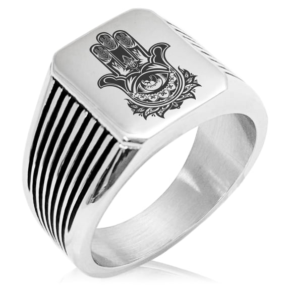 Tioneer Stainless Steel Floral Hamsa Hand of Fatima Needle Stripe Pattern Biker Style Polished Ring