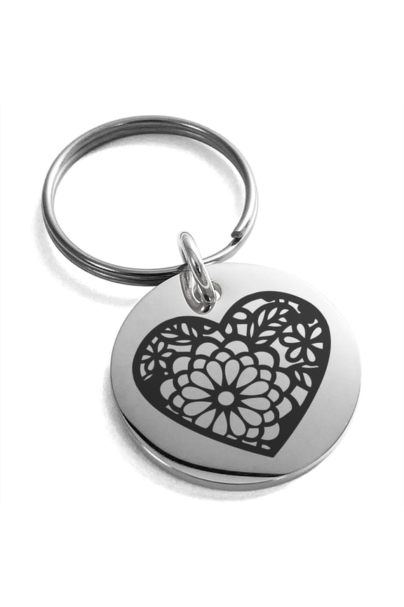 Stainless Steel Floral Lotus Heart Engraved Small Medallion Circle Charm Keychain Keyring