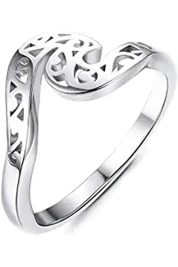 Stainless Steel Floral Pattern Ocean Wave Style Promise Statement Wedding Ring