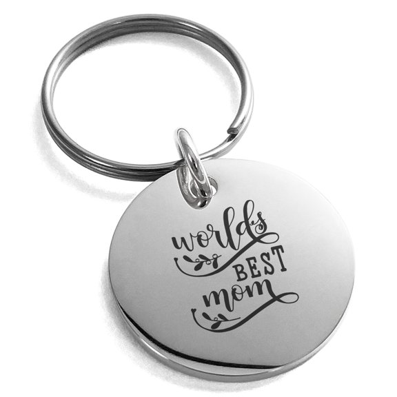 Stainless Steel Floral World's Best Mom Small Medallion Circle Charm Keychain Keyring