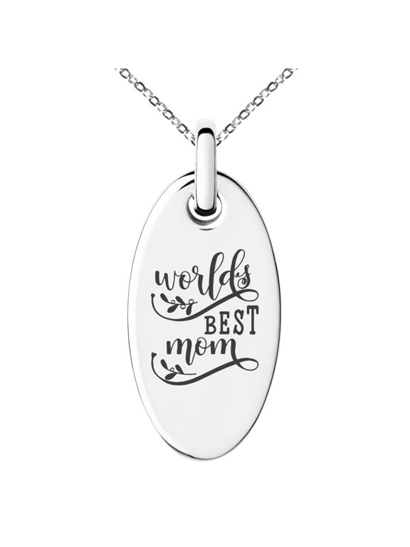 Stainless Steel Floral World's Best Mom Small Oval Charm Pendant Necklace