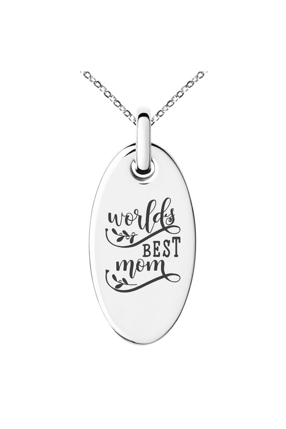 Stainless Steel Floral World's Best Mom Small Oval Charm Pendant Necklace