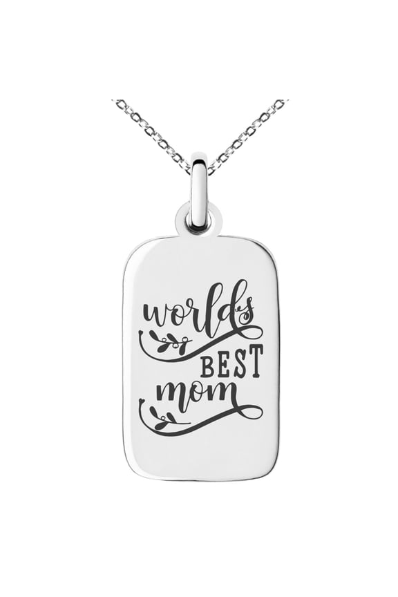 Stainless Steel Floral World's Best Mom Small Rectangle Dog Tag Charm Pendant Necklace