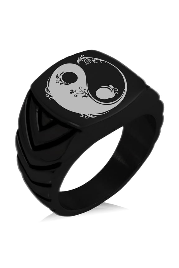 Stainless Steel Floral Yin Yang Chevron Pattern Biker Style Polished Ring