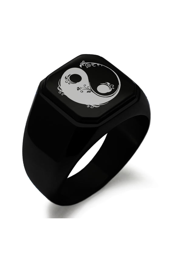 Stainless Steel Floral Yin Yang Engraved Square Flat Top Biker Style Polished Signet Ring