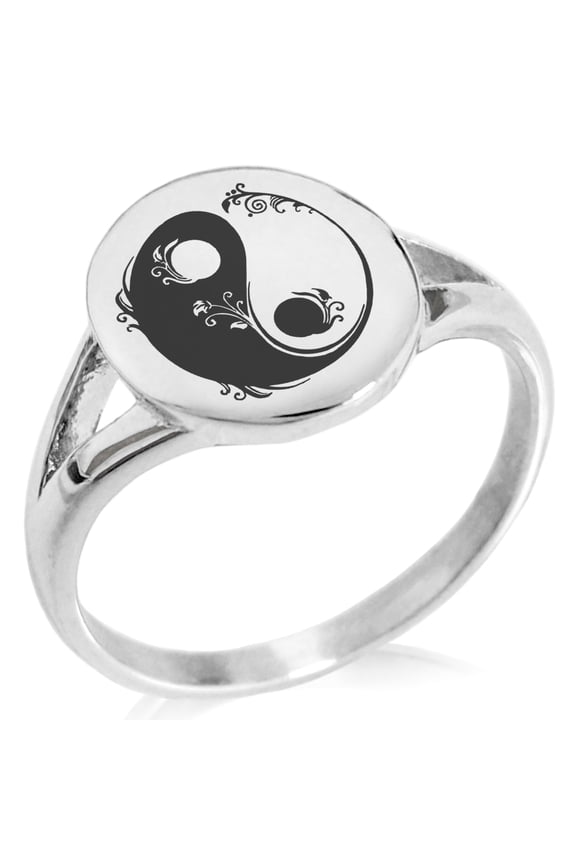 Stainless Steel Floral Yin Yang Minimalist Oval Top Polished Statement Signet Ring