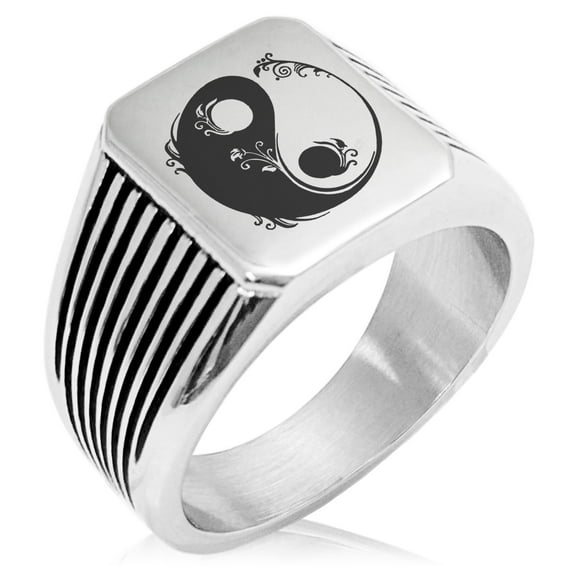 Stainless Steel Floral Yin Yang Needle Stripe Pattern Biker Style Polished Ring