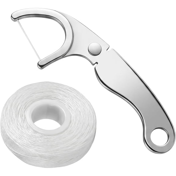 Stainless Steel Floss Pick Multi Purpose Reusable Dental Flosser Handle with Keychain Refillable Standard Flosses Holders for Cleaning Foreign Objects (A)