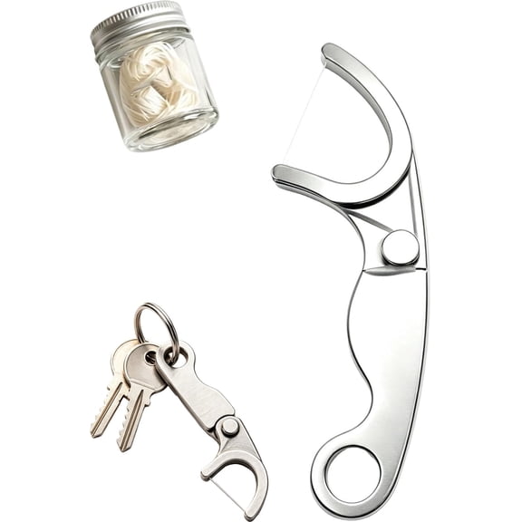 Stainless Steel Floss Pick, Reusable Metal Dental Flosser with Keychain Loop, Stainless Steel Floss Holder and Refillable Floss Pick, Portable Oral Care Tool