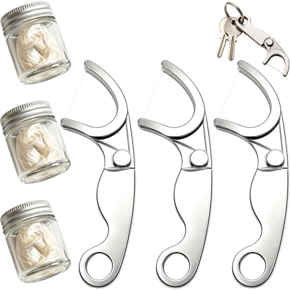 Stainless Steel Floss Pick, Reusable Metal Dental Flosser with Keychain Loop, Stainless Steel Floss Holder and Refillable Floss Pick, Portable Oral Care Tool