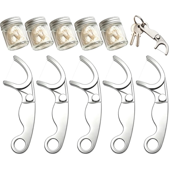 Stainless Steel Floss Pick, Reusable Metal Dental Flosser with Keychain Loop, Stainless Steel Floss Holder and Refillable Floss Pick, Portable Oral Care Tool