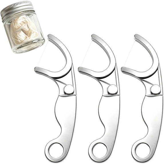 Stainless Steel Floss Pick, Reusable Metal Dental Flosser, Stainless Steel Floss Holder and Refillable Floss Pick, Minimalist Portable Permanent Teeth Cleaner (3 PCS)