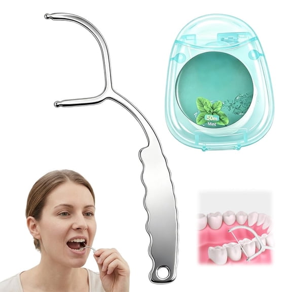 Stainless Steel Floss Pickm, Portable Reusable Metal Dental Flosser, Reusable Floss Pick with Refillable Standard Flosses Holders, Daily Teeth Care Cleaning Tool