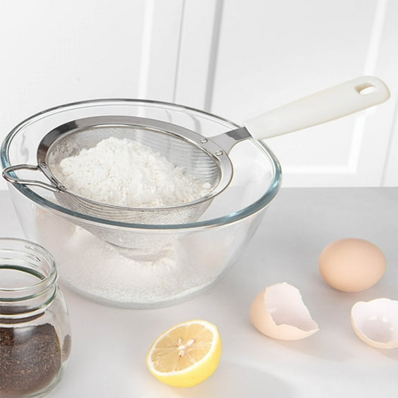 Stainless Steel Flour Sieve 25cm Double Layer Mesh Strainer with Reinforced 30 Mesh Screen Non-Slip Handle U-Shaped Hanging Hole 5kg Capacity Baking Tool Kitchen Sifter