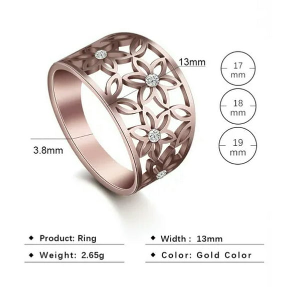 Stainless Steel Flower Rings with Rhinestone Wide Delicate Boho Rings for Women