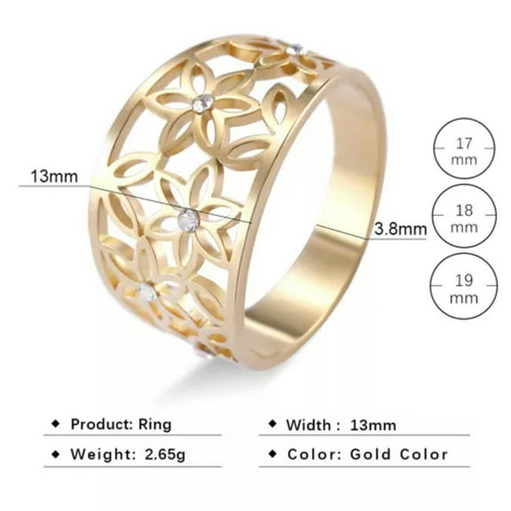 Stainless Steel Flower Rings with Rhinestone Wide Delicate Boho Rings for Women