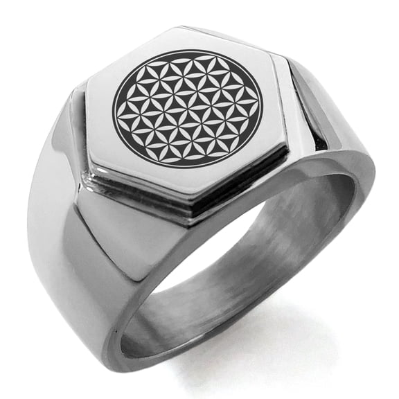 Stainless Steel Flower of Life Engraved Hexagon Crest Flat Top Biker Style Polished Ring