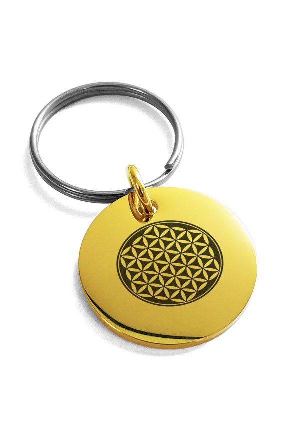 Stainless Steel Flower of Life Engraved Small Medallion Circle Charm Keychain Keyring