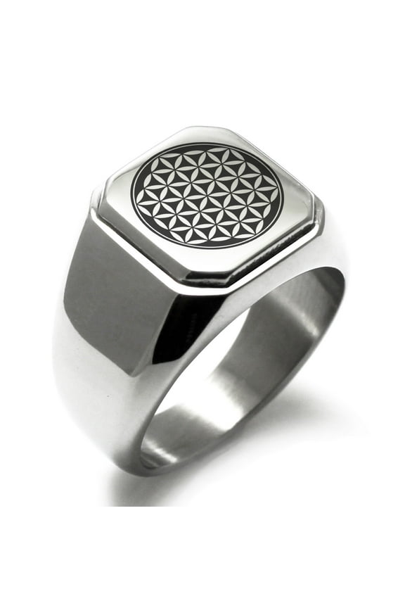 Stainless Steel Flower of Life Engraved Square Flat Top Biker Style Polished Signet Ring