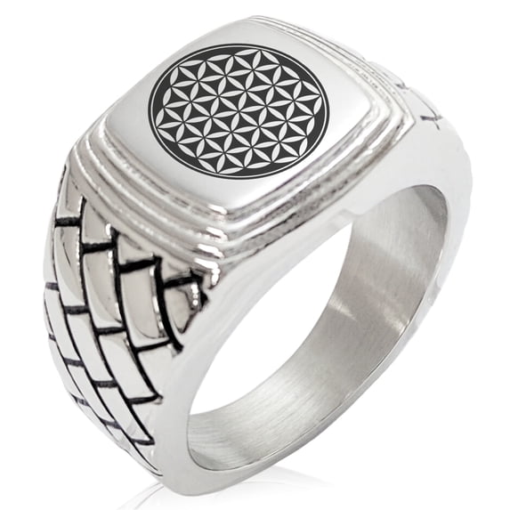 Tioneer Stainless Steel Flower of Life Geometric Pattern Step-Down Biker Style Polished Ring