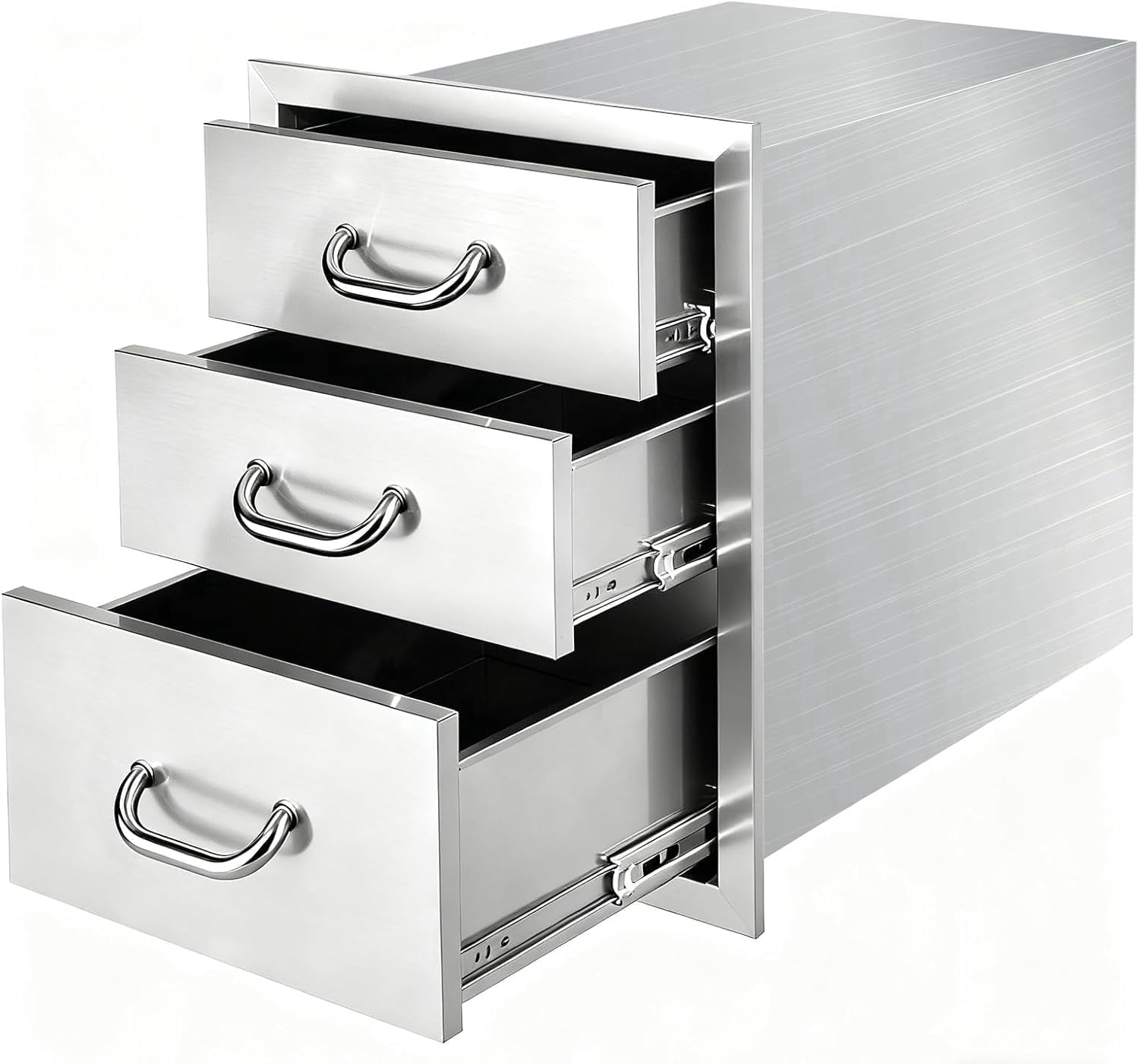Stainless Steel Flush Mount BBQ Drawer, 18''W x 23''H x 23''D Outdoor Kitchen Cabinets, 3-Drawer BBQ Drawers with 3 x 48LBS/Tier Design for BBQ Island, Grill Area