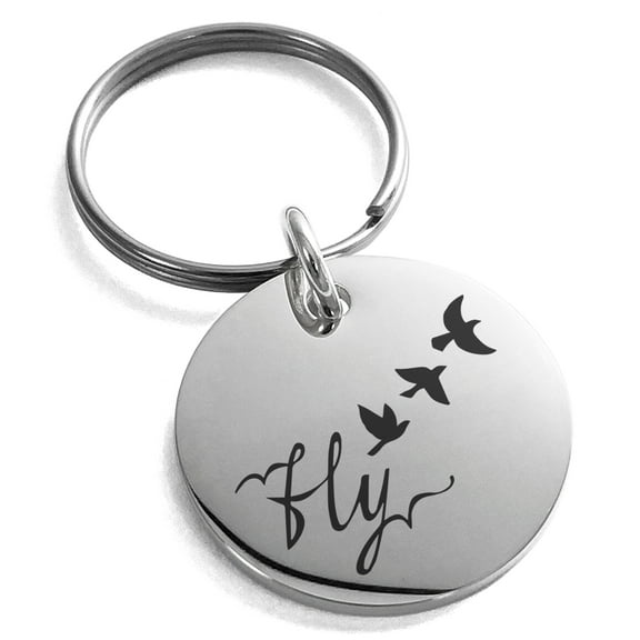 Stainless Steel Fly Away Engraved Small Medallion Circle Charm Keychain Keyring