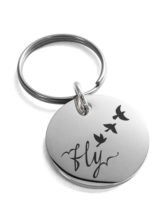 Stainless Steel Fly Away Engraved Small Medallion Circle Charm Keychain Keyring