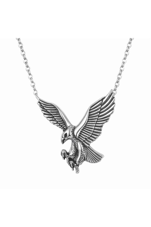 Stainless Steel Flying Eagle Pendant Necklace with 18 Inch Cable Chain, Detailed Bird of Prey Design Pendant, 42x38mm Statement Jewelry Necklace, Durable Polished Steel Pendant for Everyday Wear