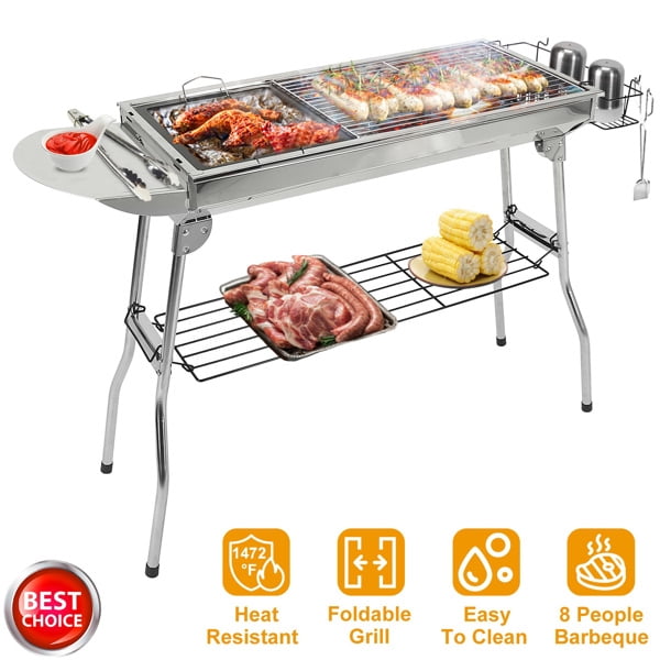 Stainless Steel Foldable Charcoal BBQ Grill, Large 25.79”x11.61” Cooking Area with Non-Stick Frying Pan, Portable for Camping/Picnics