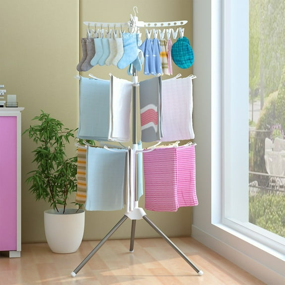 Stainless Steel Foldable Clothes Drying Rack with 24 Clothespins, Space Saving Multi-Purpose Laundry Rack for Indoor Outdoor Use, Heavy Duty Portable Clothesline for Towels & Garments