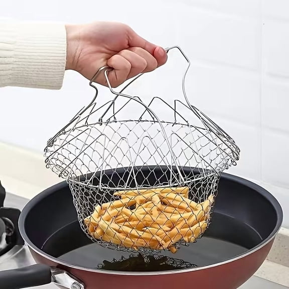 Stainless Steel Foldable Fine Mesh Frying Basket Oil Filter Screen for Deep Frying