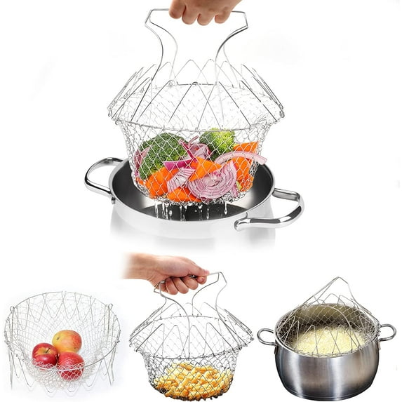 Stainless Steel Foldable Fry Basket,GIXUSIL Cooking Fryer Basket Stainless Steel Kitchen Tool,Multi-Function Fold Stainless Steel Strainer Skimmer Frying Colander,Collapsible Colander,Silver