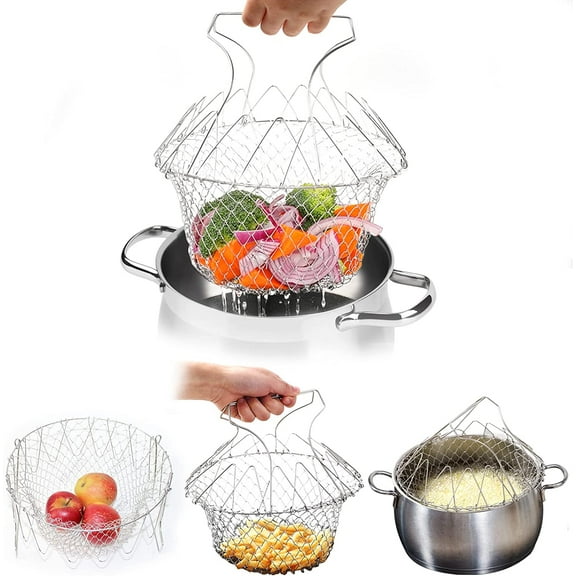 Stainless Steel Foldable Fry Basket,GIXUSIL Cooking Fryer Basket Stainless Steel Kitchen Tool,Multi-Function Fold Stainless Steel Strainer Skimmer Frying ColanderCollapsible ColanderSilver
