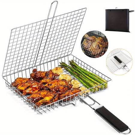 Stainless Steel Foldable Grill Basket, Large Capacity Deep BBQ Basket for Chicken, Fish, Shrimp, Vegetables, Removable Handle Outdoor Cooking Tool