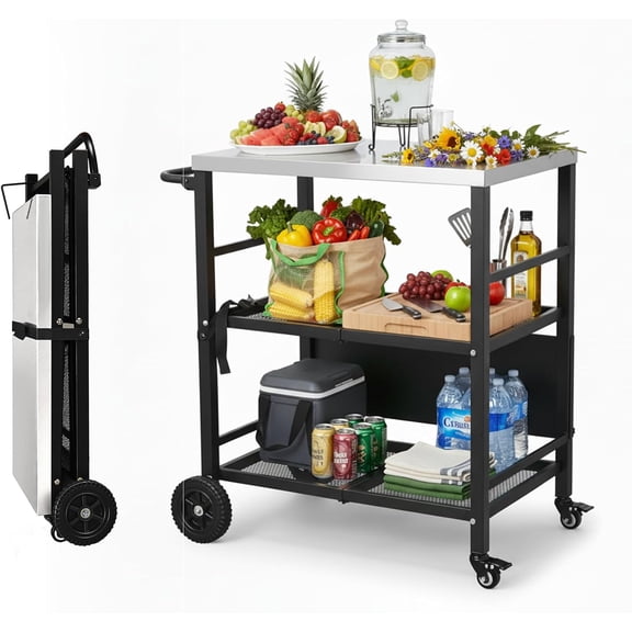 Stainless Steel Foldable Grill Table Cart Outdoor Food Prep Rolling Cart With Wheels And Storage Shelves Paper Towel Holder Easy Movable Kitchen Island For Patio Pizza Oven