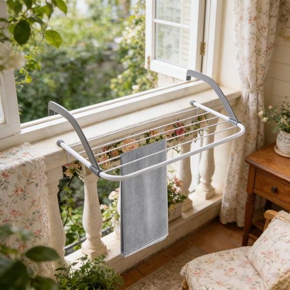 Stainless Steel Foldable Hanging Drying Rack, Heavy-Duty Multi-Hook Space-Saving Laundry Hanger, Easy to Install for Towels Clothes Socks Window Balcony Laundry Room Home Use