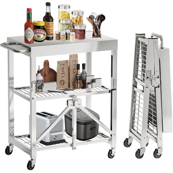 Yunphia Folding Kitchen Cart Stainless Steel 3-Tier Rolling Utility Cart with Locking Wheels, Foldable Design for Food Prep & Storage, Ideal for Home Kitchen, Restaurant, Outdoor & Warehouse Use